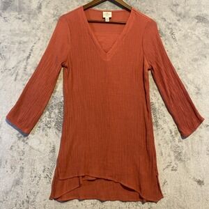 St. John's Bay Tunic Top Womens Sz M Tall Coral 3/4 Sleeve V-Neck‎ Beachy Resort